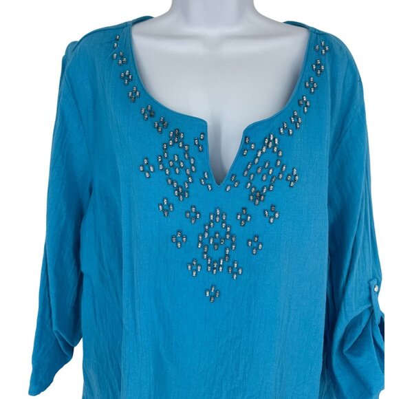 Susan Graver Split Neck Embellished 3/4 Roll Tab Sleeve Blouse Size 1X - Picture 3 of 11